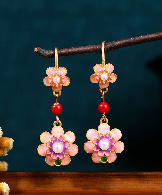 Retro Rainbow Copper Overgild Acrylic Pearl Camellia Drop Earrings