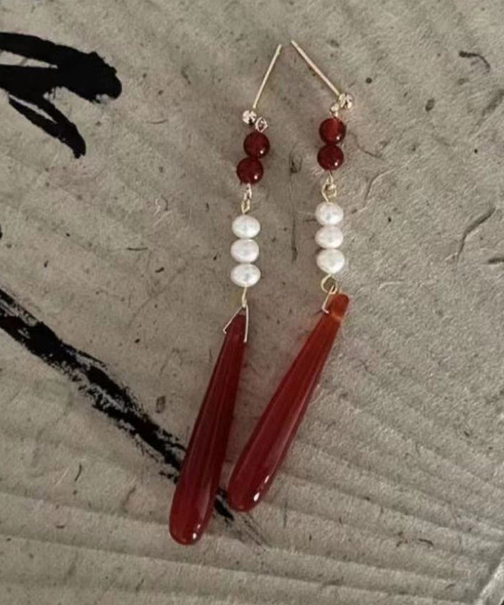 Retro Red Alloy Acrylic Pearl Agate Drop Earrings