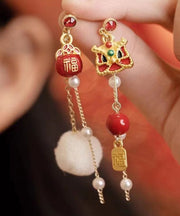 Retro Red Copper Overgild Asymmetric Pearl Lion Dance Lucky Cat Auspicious Clouds Drop Earrings