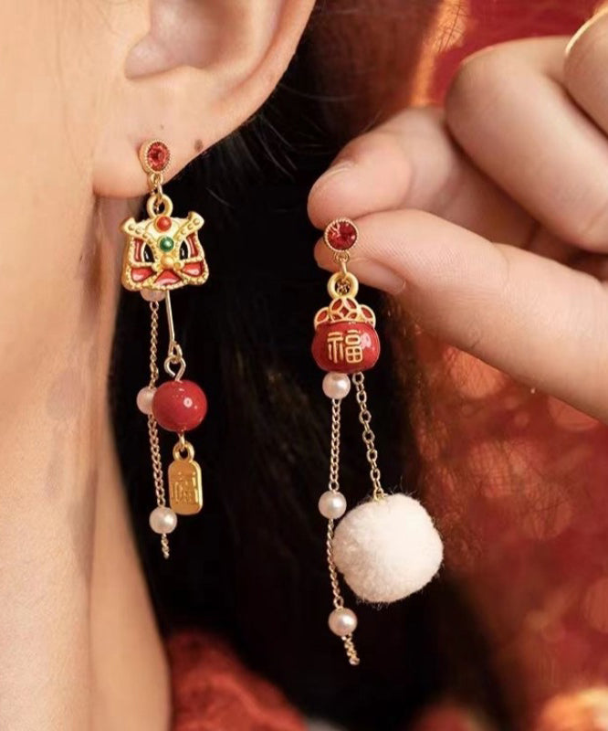 Retro Red Copper Overgild Asymmetric Pearl Lion Dance Lucky Cat Auspicious Clouds Drop Earrings