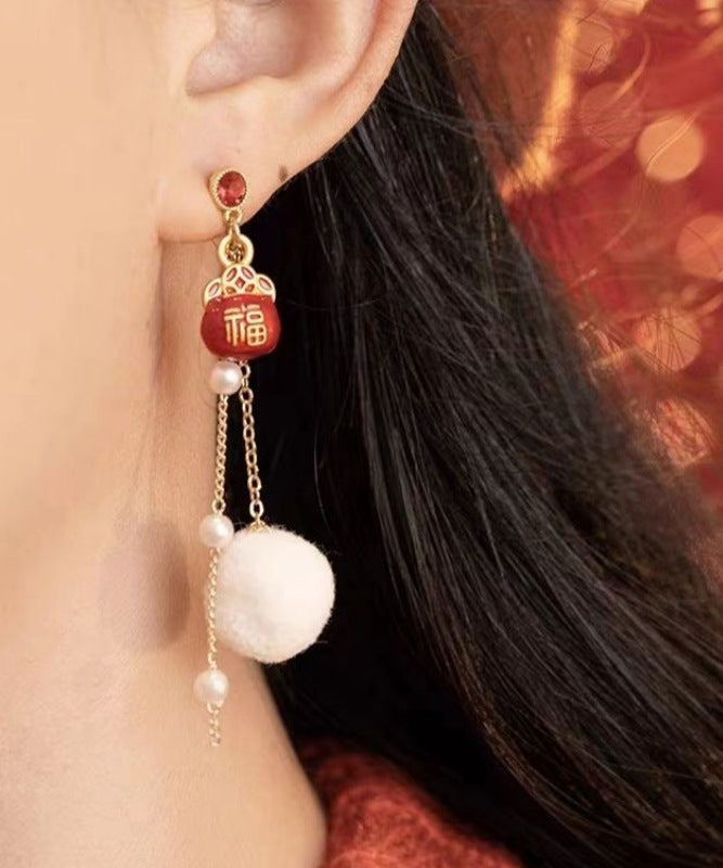 Retro Red Copper Overgild Asymmetric Pearl Lion Dance Lucky Cat Auspicious Clouds Drop Earrings