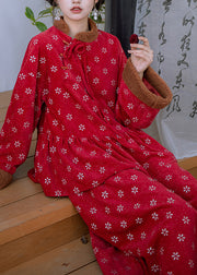 Retro Red Embroidered Patchwork Warm Fleece Sets 2 Pieces Spring