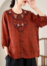 Retro Red Embroidered Print Linen Top Spring