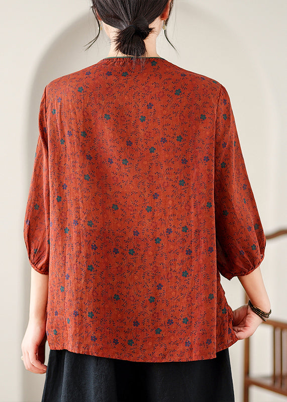 Retro Red Embroidered Print Linen Top Spring