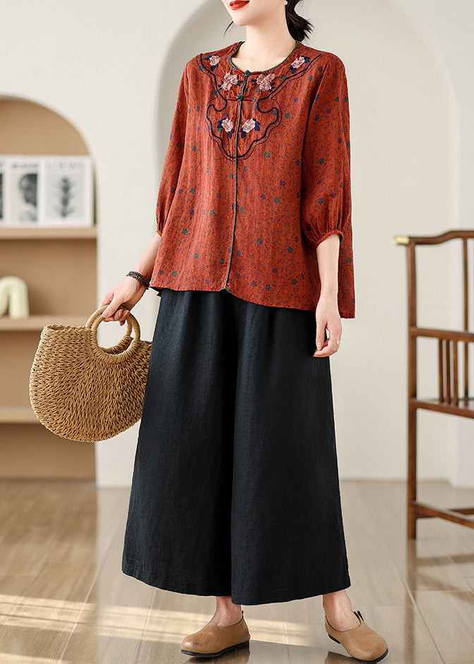 Retro Red Embroidered Print Linen Top Spring