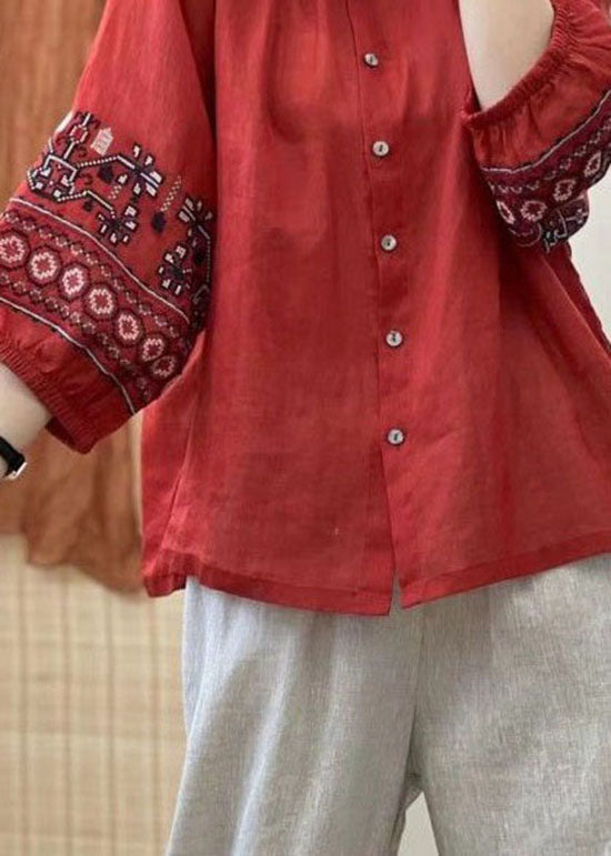 Retro Red Embroideried Button Patchwork Linen Shirt Top Lantern Sleeve