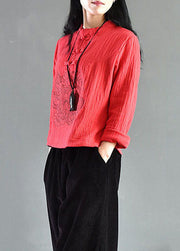 Retro Red Embroidered Chinese Button Patchwork Linen Shirts Spring