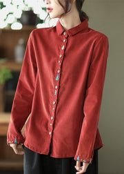 Retro Red Embroidered Patchwork Corduroy Shirt Tops Spring