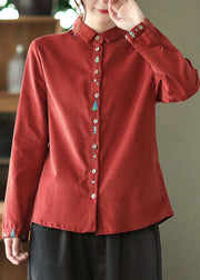 Retro Red Embroidered Patchwork Corduroy Shirt Tops Spring