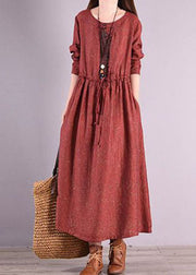 Retro Red O Neck Drawstring Patchwork Linen Long Dresses Spring