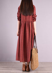 Retro Red O Neck Drawstring Patchwork Linen Long Dresses Spring