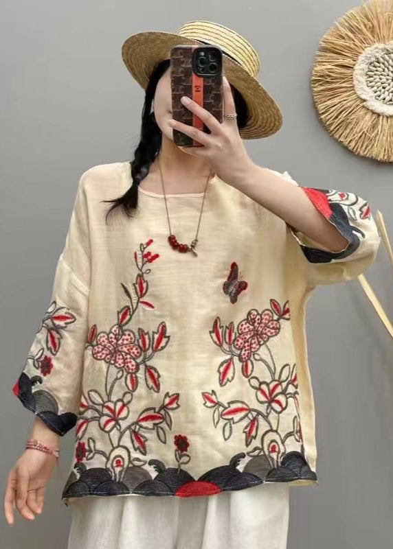 Retro Red O Neck Embroidered Linen Blouse Tops Bracelet Sleeve