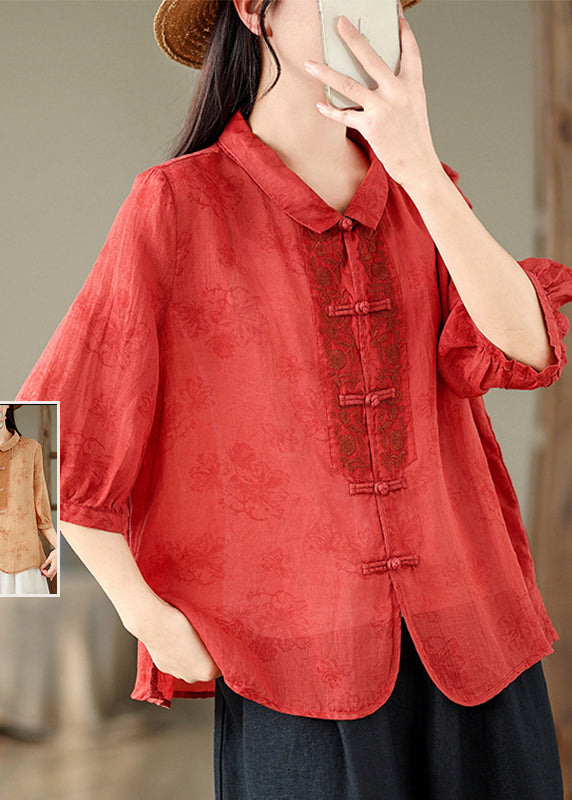 Retro Red Peter Pan Collar Embroidered Print Shirt Summer