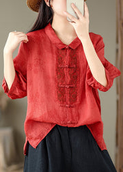 Retro Red Peter Pan Collar Embroidered Print Shirt Summer