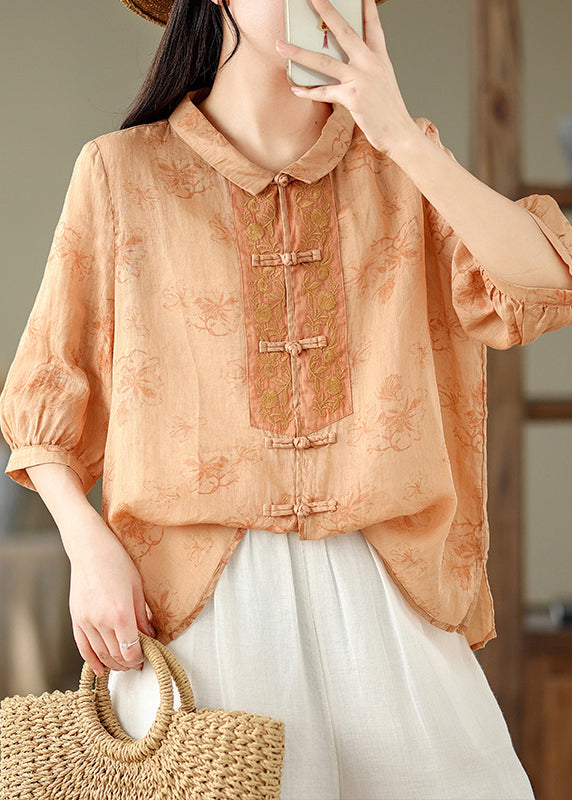 Retro Red Peter Pan Collar Embroidered Print Shirt Summer