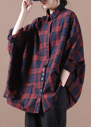 Retro Red Plaid Peter Pan Collar Button Cotton Shirt Long Sleeve