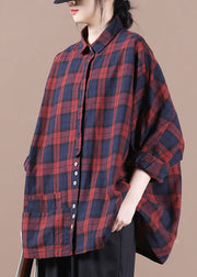 Retro Red Plaid Peter Pan Collar Button Cotton Shirt Long Sleeve