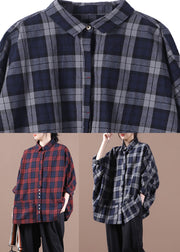 Retro Red Plaid Peter Pan Collar Button Cotton Shirt Long Sleeve