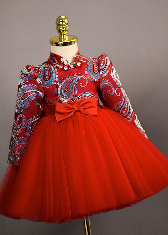 Retro Red Print Bow Tulle Girls Long Dresses Spring