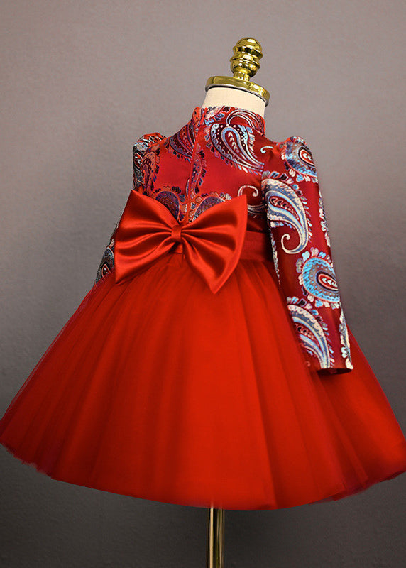 Retro Red Print Bow Tulle Girls Long Dresses Spring