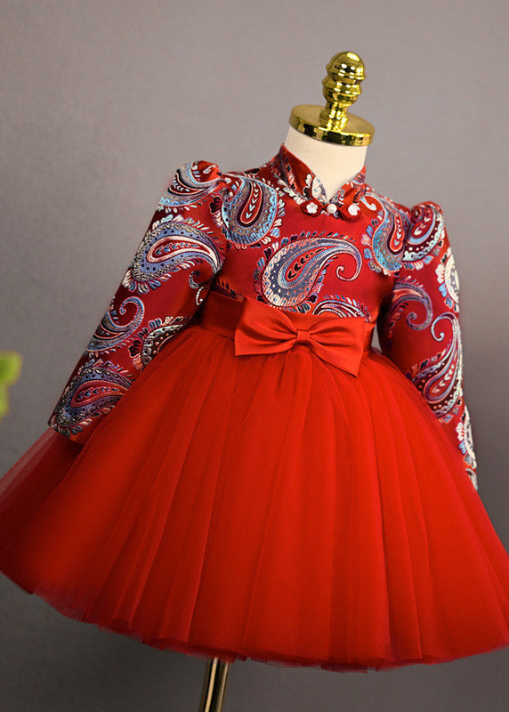 Retro Red Print Bow Tulle Girls Long Dresses Spring