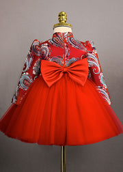 Retro Red Print Bow Tulle Girls Long Dresses Spring