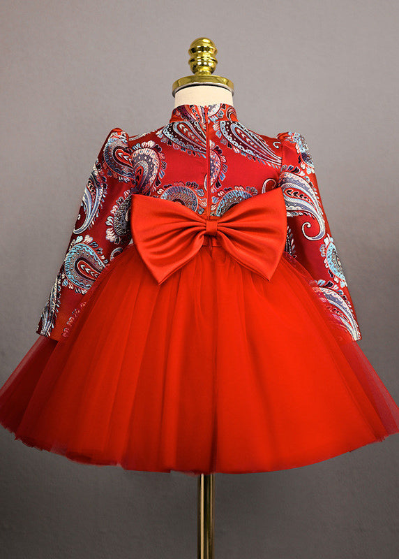 Retro Red Print Bow Tulle Girls Long Dresses Spring