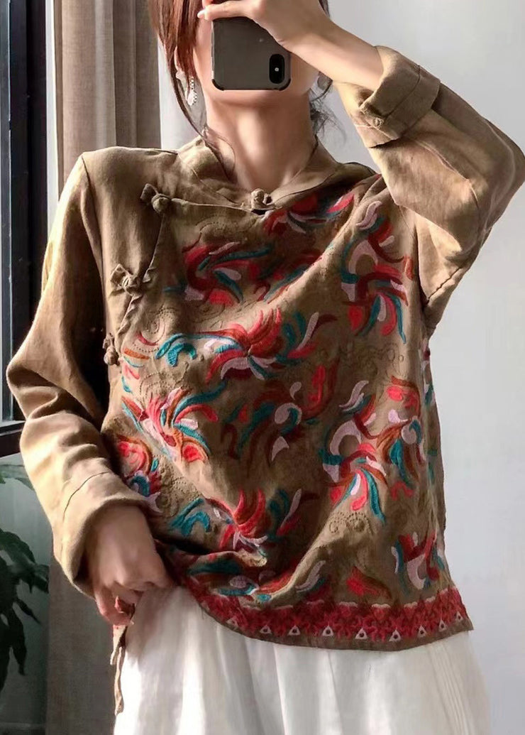 Retro Red Stand Collar Embroidered Linen Shirt Long Sleeve