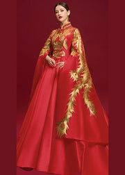 Retro Red Stand Collar Embroidered Silk Trailing Dress Long Sleeve