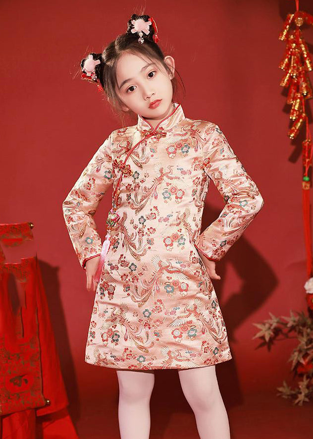 Retro Red Stand Collar Print Button Warm Fleece Cotton Girls Mid Dress Spring