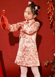 Retro Red Stand Collar Print Button Warm Fleece Cotton Girls Mid Dress Spring