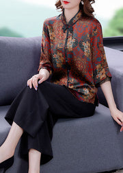 Retro Red Stand Collar Print Chinese Button Silk Shirt Summer