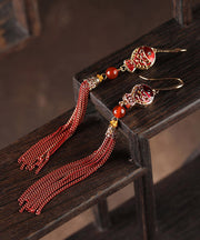 Retro Red Sterling Silver Agate Cloisonne Tassel Drop Earrings