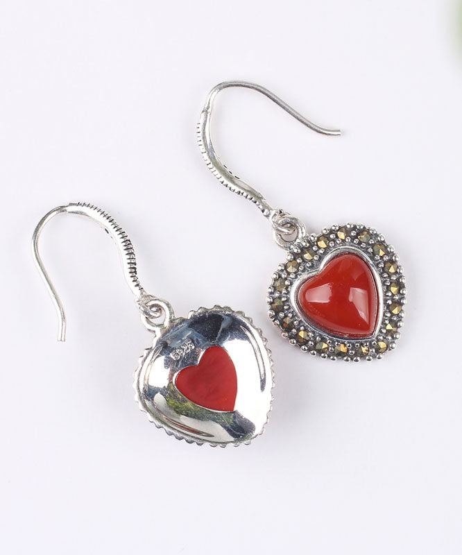 Retro Red Sterling Silver Agate Zircon Love Drop Earrings