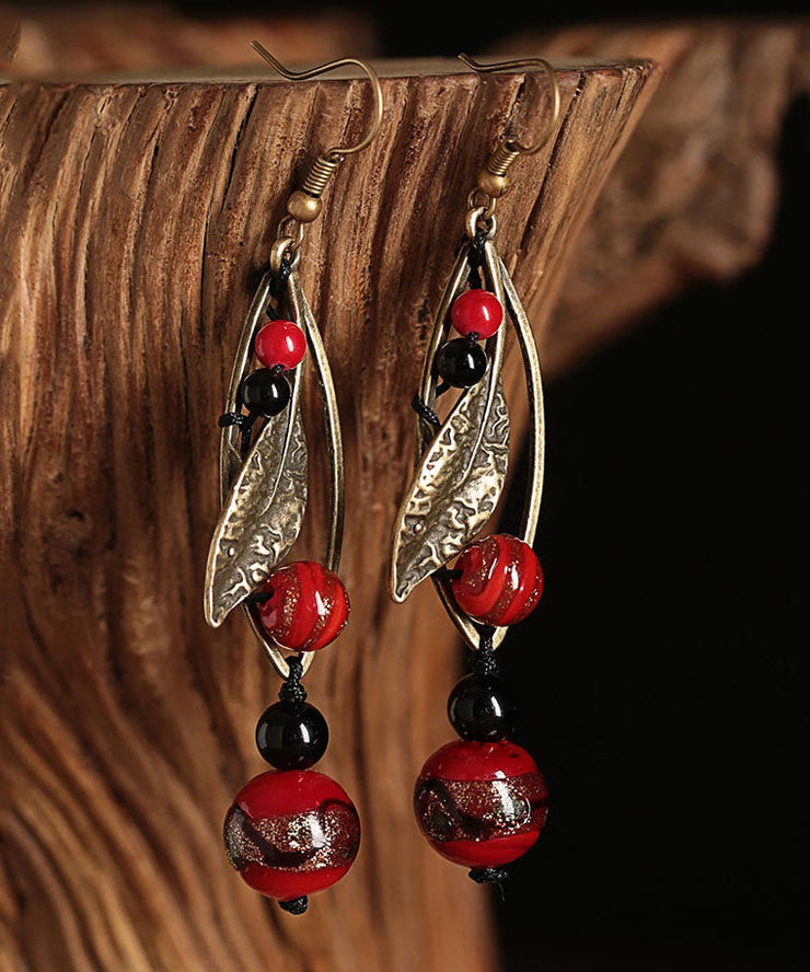 Retro Red Sterling Silver Alloy Cloured Glaze Agate Gem Stone Drop Earrings