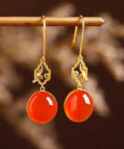 Retro Red Sterling Silver Overgild Inlaid Gem Stone Drop Earrings