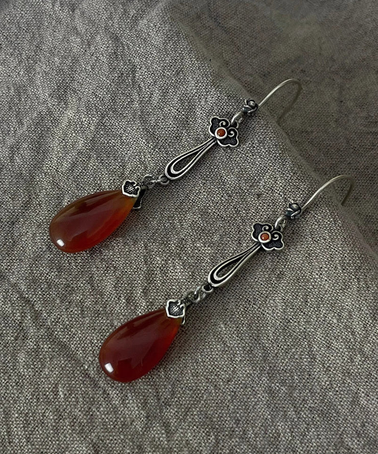 Retro Red Sterling Silver Water Drop Red Agate Drop Earrings