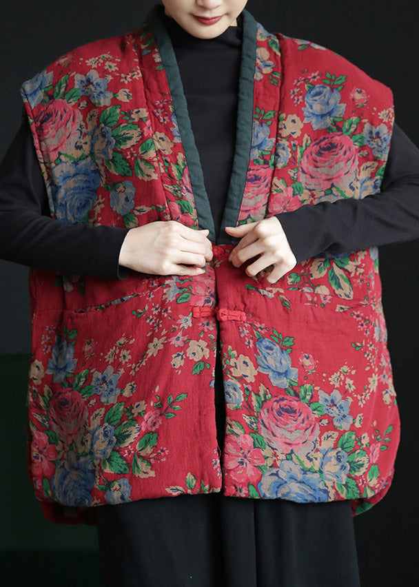 Retro Red V Neck Print Button Warm Fleece Waistcoat Winter