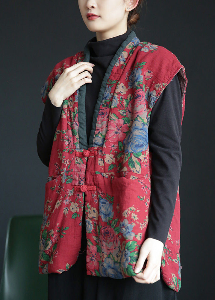 Retro Red V Neck Print Button Warm Fleece Waistcoat Winter