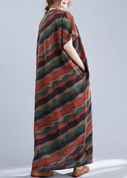 Retro Red V Neck Striped Print Cotton Maxi Dresses Short Sleeve