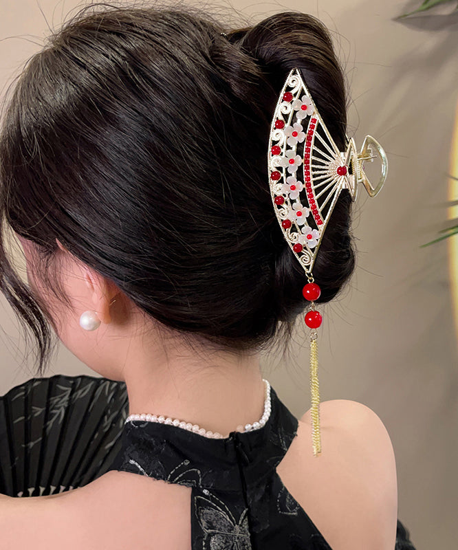 Retro Red Zircon Pearl Floral Fan Tassel Hairpin