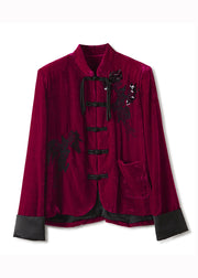 Retro Rose Embroideried Sequins Patchwork Silk Velour Coats Fall