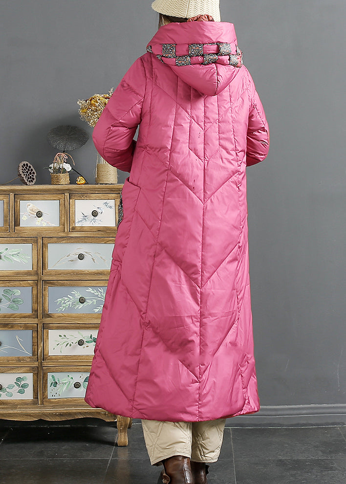 Retro Rose Hooded Pockets Chinese Button Duck Down Puffers Coat Winter