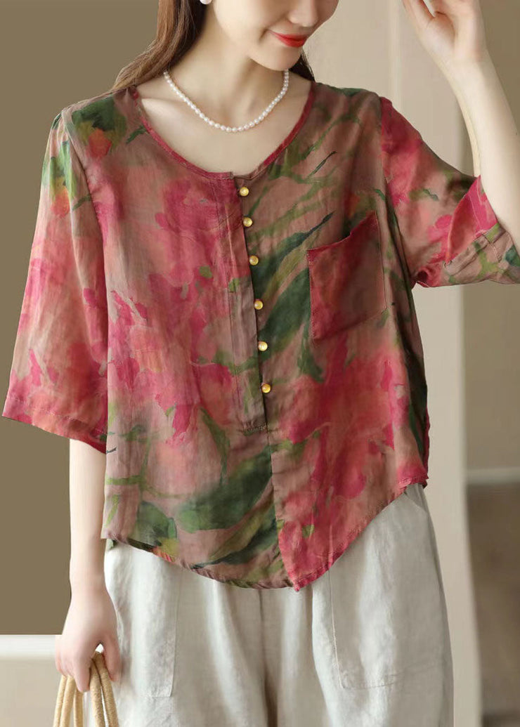 Retro Rose O Neck Asymmetrical Print Linen Top Summer