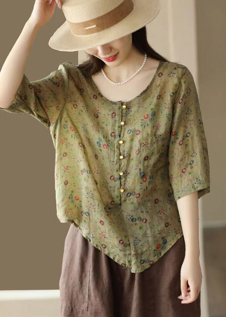 Retro Rose O Neck Asymmetrical Print Linen Top Summer