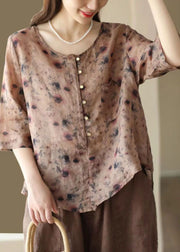 Retro Rose O Neck Asymmetrical Print Linen Top Summer