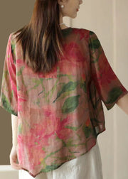 Retro Rose O Neck Asymmetrical Print Linen Top Summer
