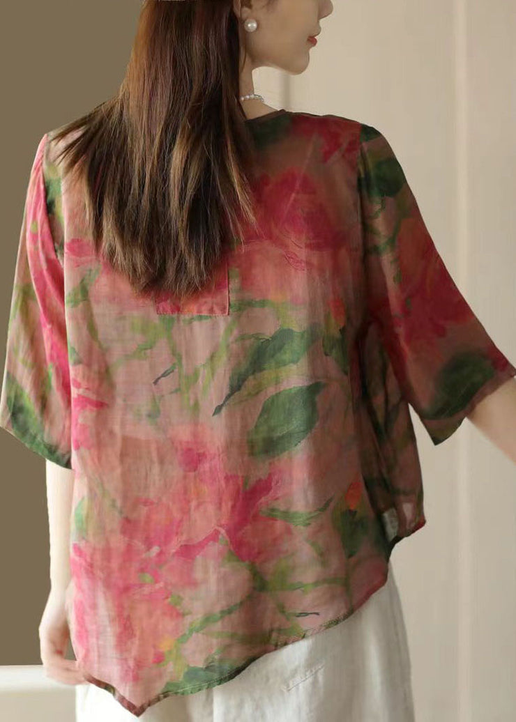 Retro Rose O Neck Asymmetrical Print Linen Top Summer