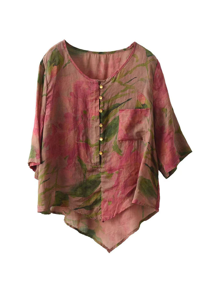 Retro Rose O Neck Asymmetrical Print Linen Top Summer