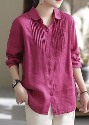 Retro Rose Peter Pan Collar Patchwork Wrinkled Button Linen Shirt Long Sleeve